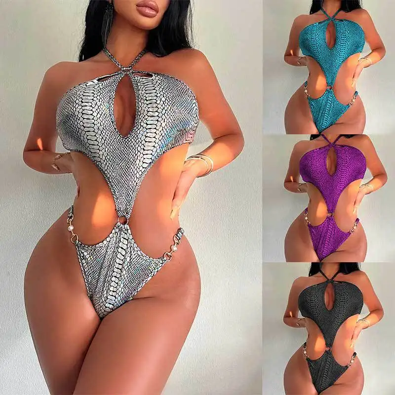 BKLD-bodysuit estampado oco para mulheres, tops de peça única, botão pérola, gola na cabeçada, maiô sexy, roupa de praia do verão, moda nova, 2024