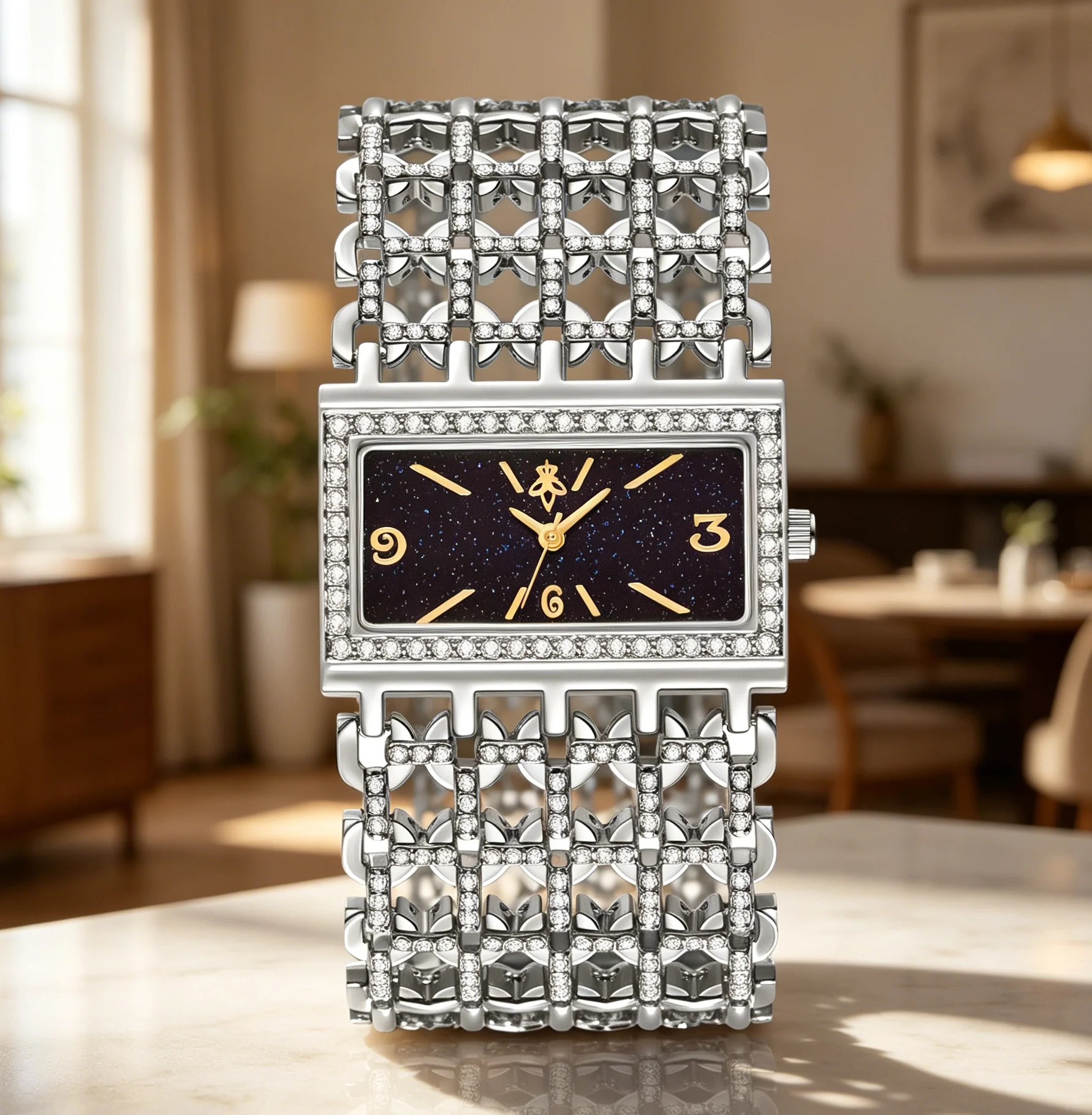 Elegant Rectangular Ladies Wristwatch Sparkle Star Sand Dial Full Encrusted Crystal Frame Hollow Wide Diamond Metal Band Fashion Quartz Watch For Evening Banquet Bridal Dating