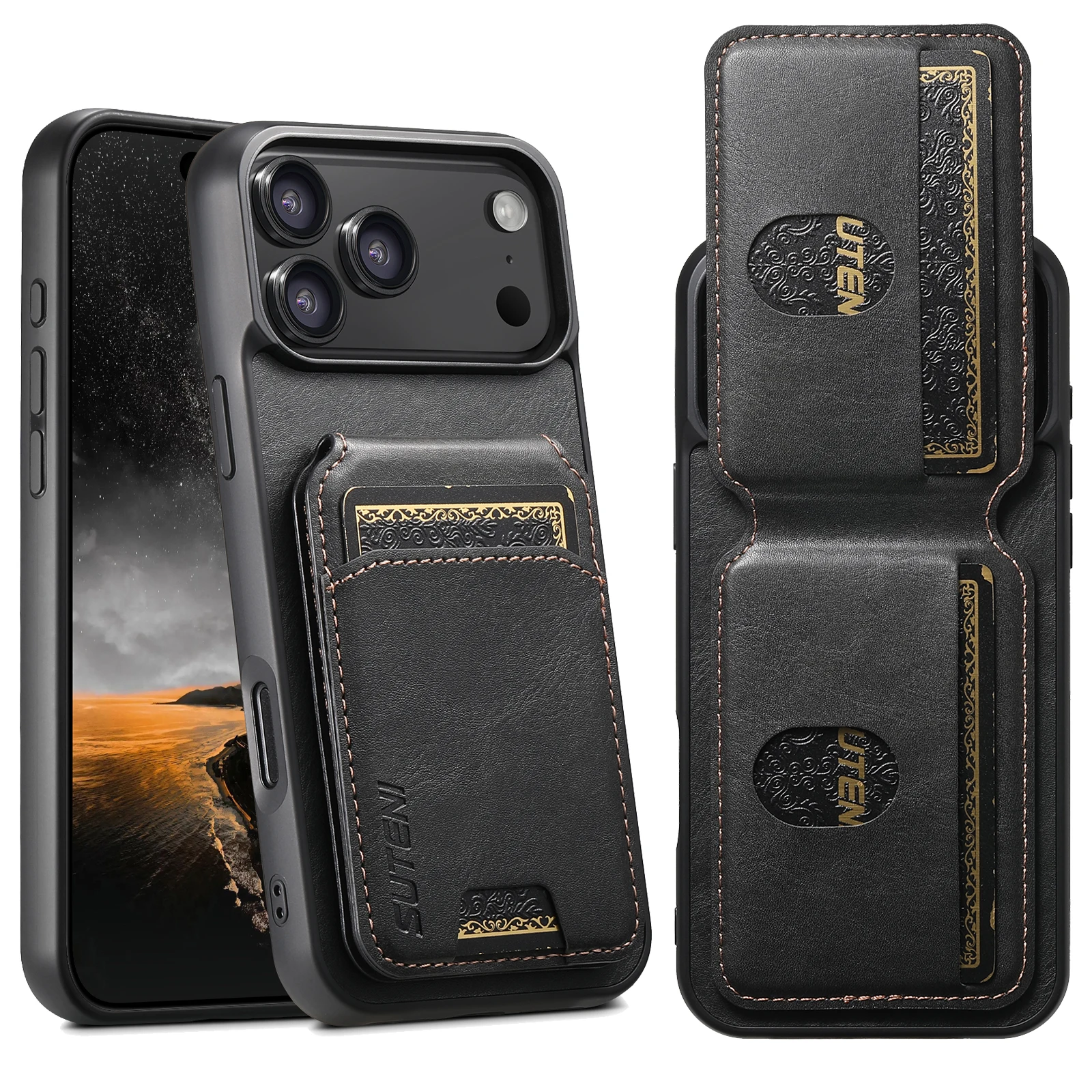SUTENI Luxus Kunstleder Handyhülle mit glatter Oberfläche, Kartenhalter und Ständer für iPhone 17 Pro Max 17 Air 16 Plus 15 14 13 12 – Detail 8