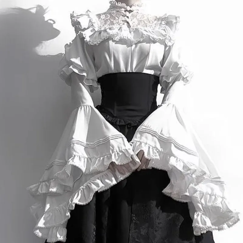 2025 Neues Gothic-Hemd Y2k Top Lolita Mädchen Rüschen Regenschirmrock Hohe Taille Lange Röcke Horn Langarm Student Elegante Bluse