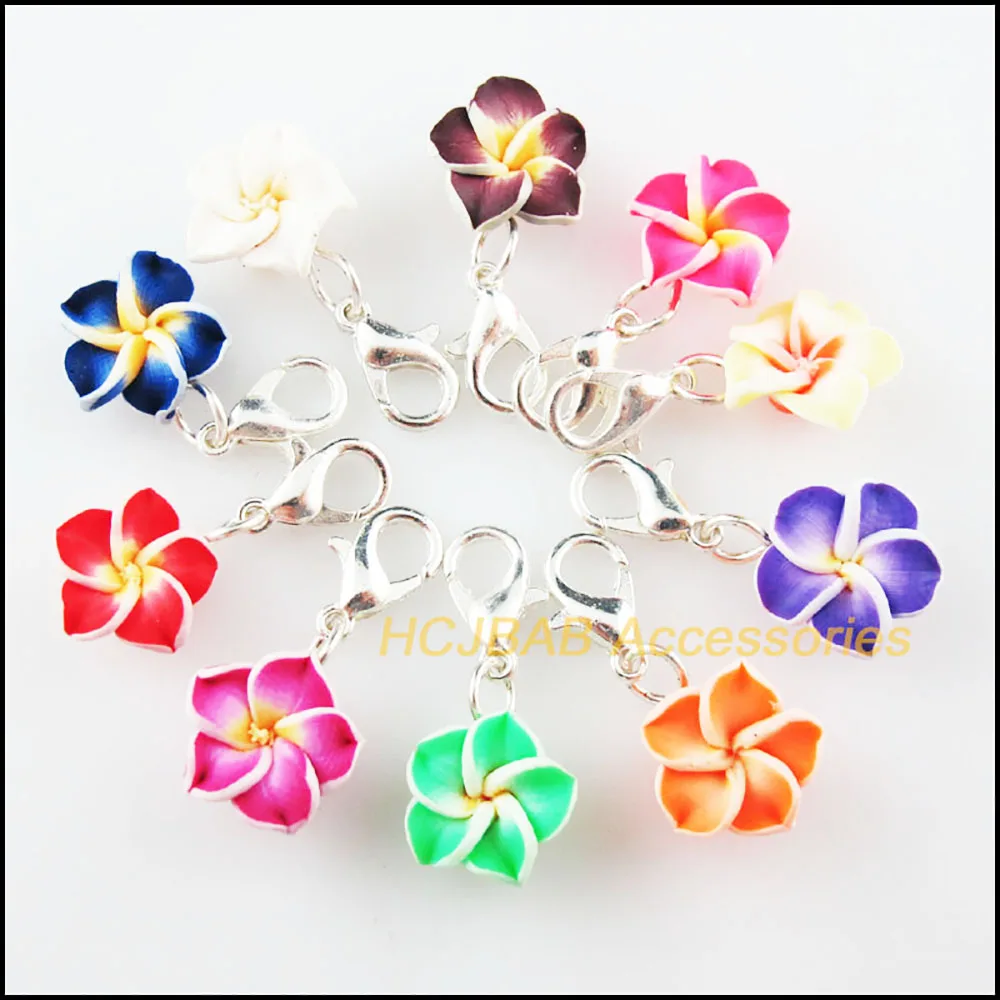 Dijes de arcilla polimérica de Fimo, dijes de flores y estrellas, chapados en plata con cierres, 10 piezas