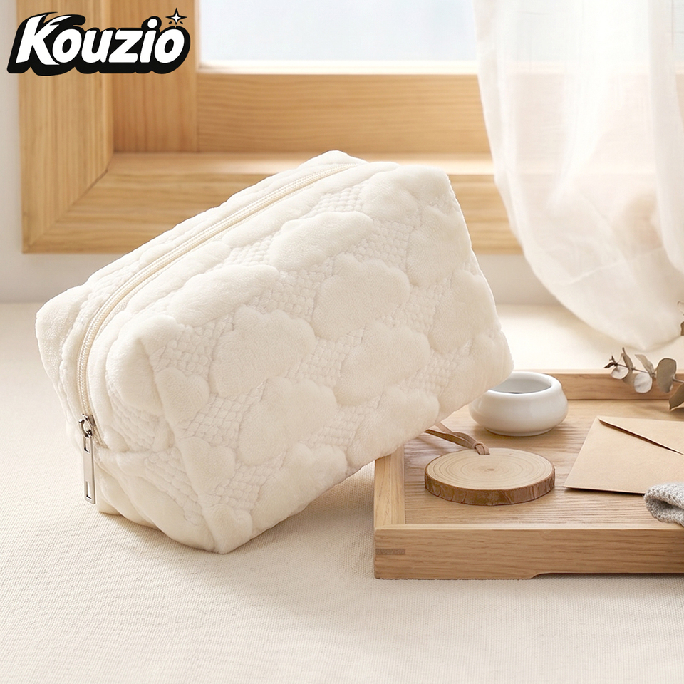  Plush Cloud Quilted Pencil Case Large Capacity Cosmetic Pouch Makeup Organizer Bag Soft Fluffy Zipper Storage Case - KOUZIO 