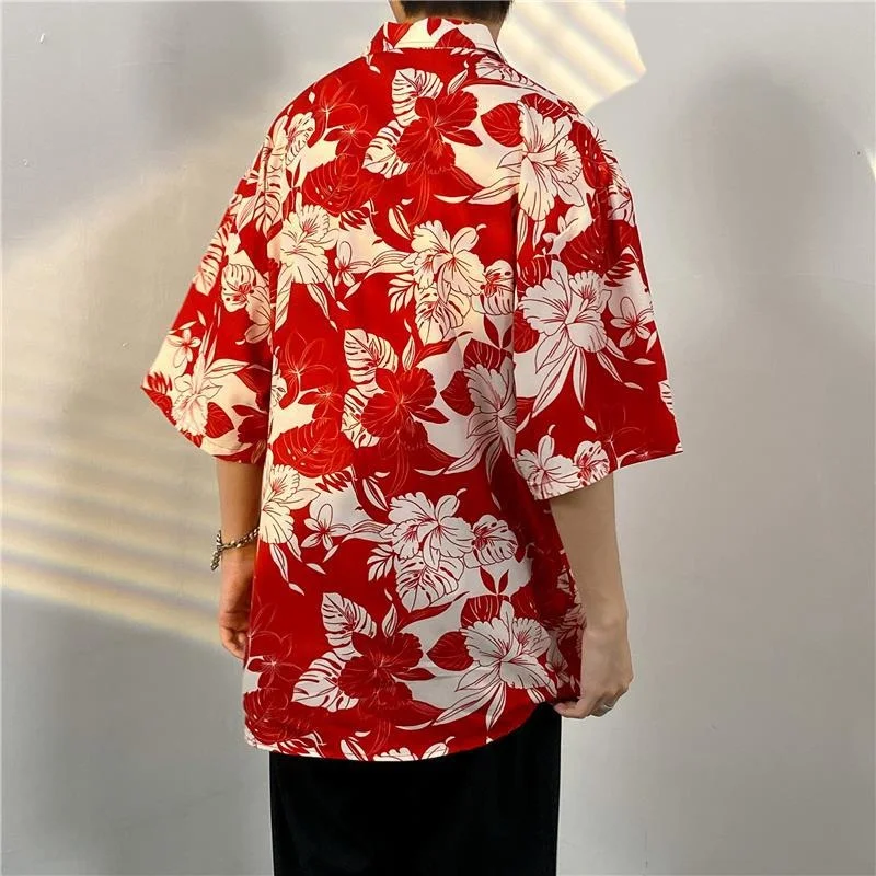 Summer Printing Short Sleeve Shirt Men Fashion Society Mens Dress Shirt Korean Loose Ice Silk Shirts Mens Hawaiian Shirt