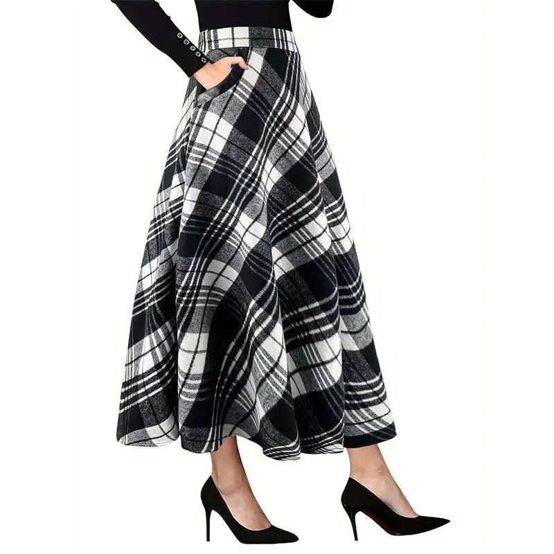 

New Arrival Commuter Women's Long Plaid Woolen Skirt with Large kets A-Line Midi Skirt Korean Sle Printed Polyester