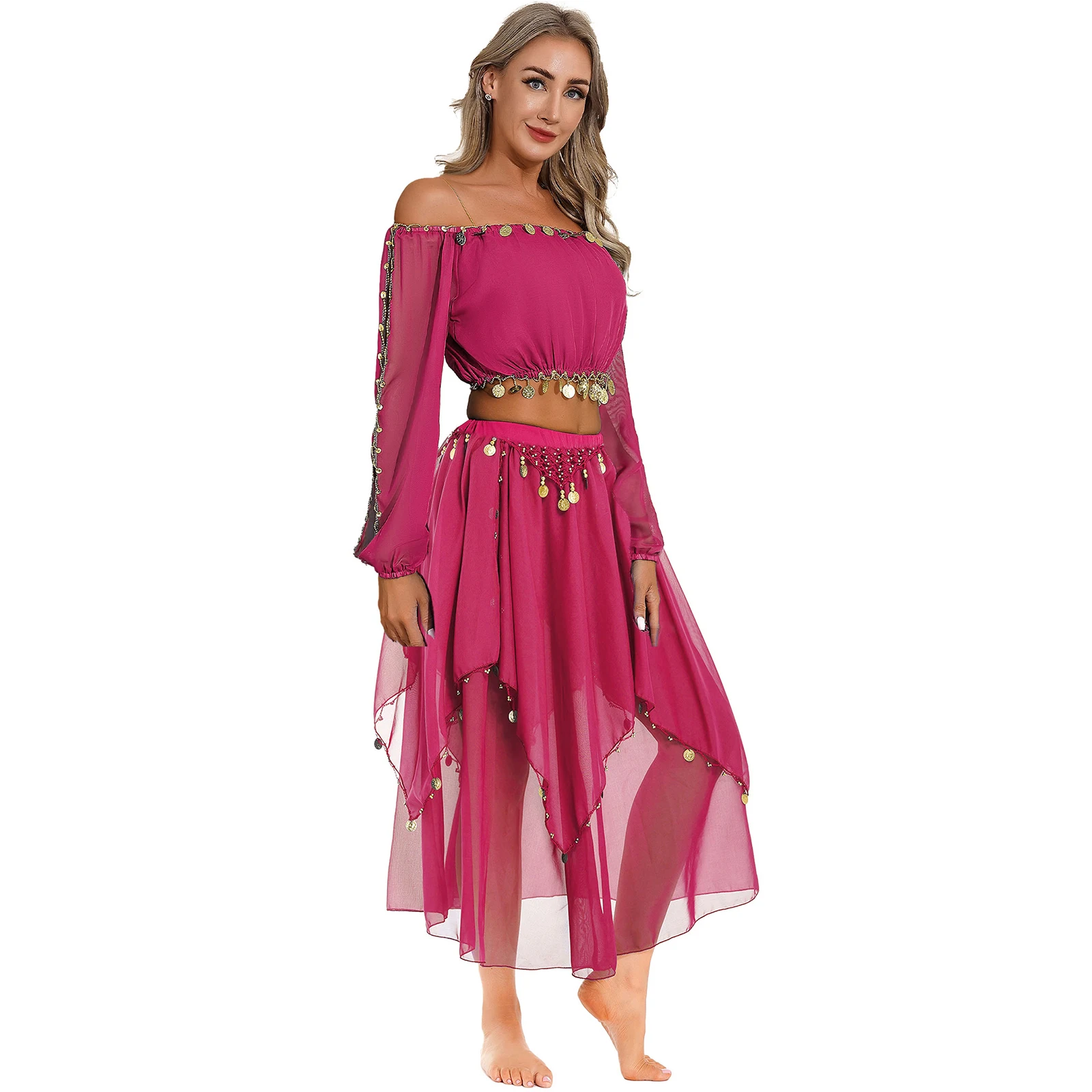 Womens Shiny Belly Dance Outfit Off Shoulder Long Sleeve Crop Top and Sequin Trims Chiffon Skirt Suit for Dancing Party Stage