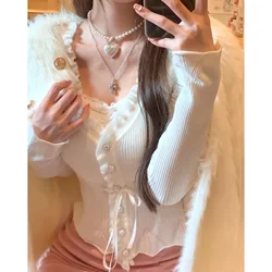 Cropped Cardigan 2024 Women Clothes Sweet Ruffles White Sueter V-neck Long Sleeve Tunic Pull Femme Drawstring Knit Sweater Tops