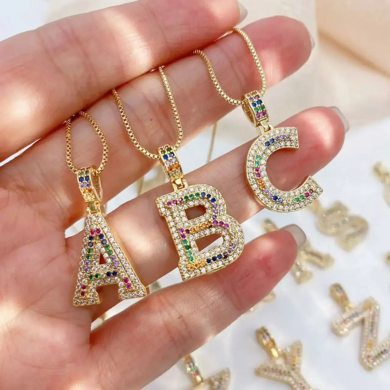 10PCS, New Fashion 26 Alphabet Pendant Necklaces Multicolor Copper Zircon Initial Letter Necklaces Couple Name Jewelry Gifts