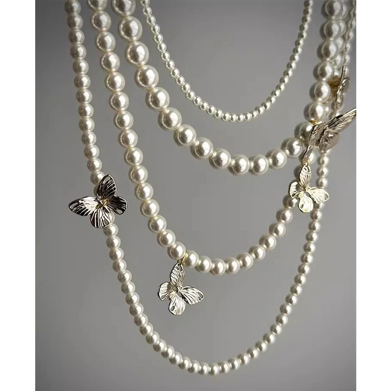 

Butterfly Pearls Necklaces Ladies Party Luxury Decoration Light Gold Multi Circles Elegant Gift Women