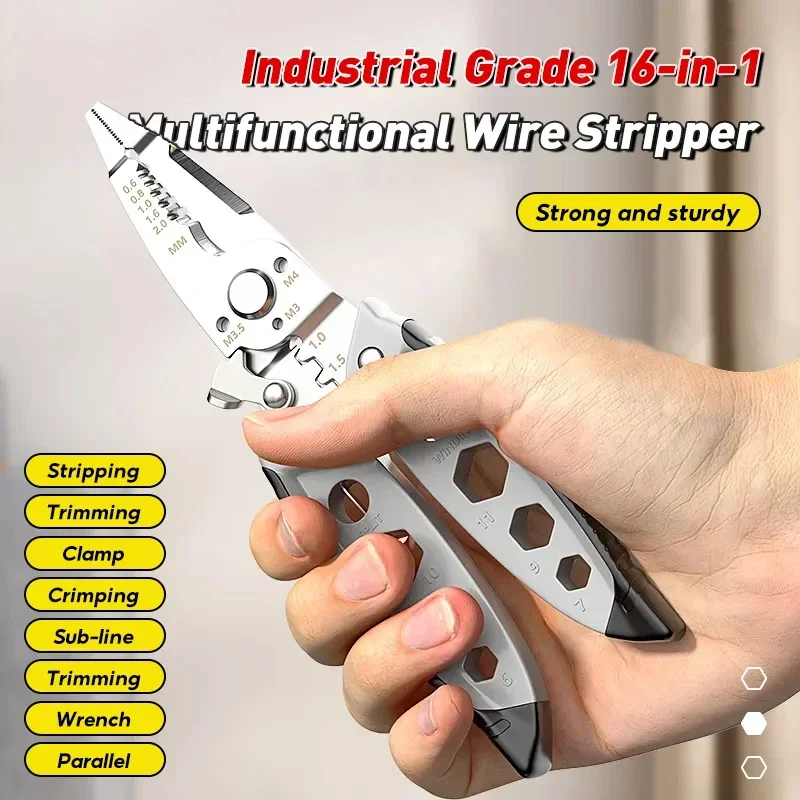 16 in 1 Multifunctional Wire Stripping Pliers Electrician Cable Cutting Terminal Crimping Splitting Winding Line Hand Tools