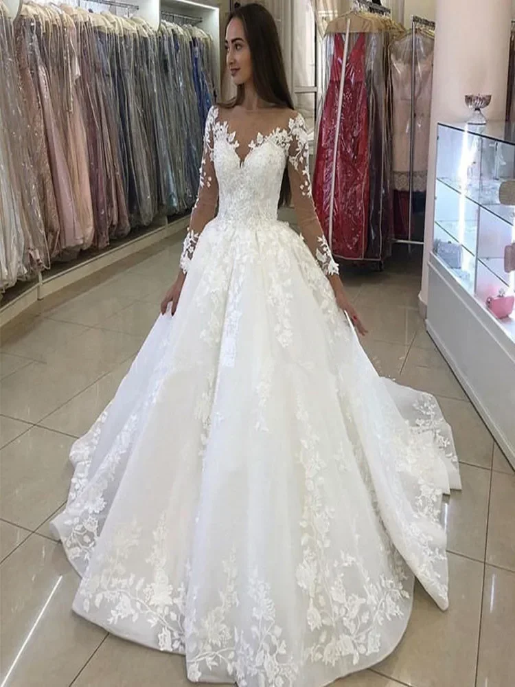 Personalizado rendas apliques vestidos de casamento trem varredura vestido noiva casamento 2023 vestido de baile inchado vintage vestidos de noiva