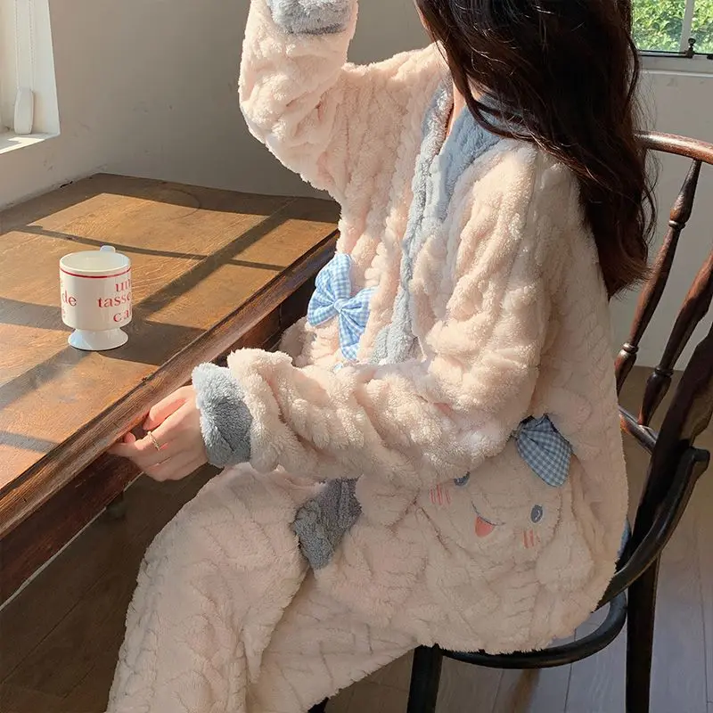 귀여운 시나모롤 코랄 플리스 파자마 여성용 가을 겨울 두꺼운 브이넥 잠옷 세트 부드럽고 따뜻한 플란넬 학생용 홈웨어