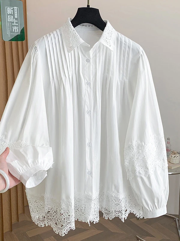 

French Sle Heavy Embroidery Lantern Sve irt Women's Loose Base Layer Top Hollow out Hook Flower Spring Autumn irt