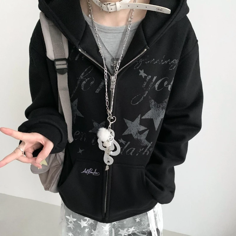 

Американская уличная куртка с капюшоном и длинными рукавами, женское повседневное винтажное пальто Y2k, ретро-молния с буквенным принтом, милое тонкое осень 2023 г.