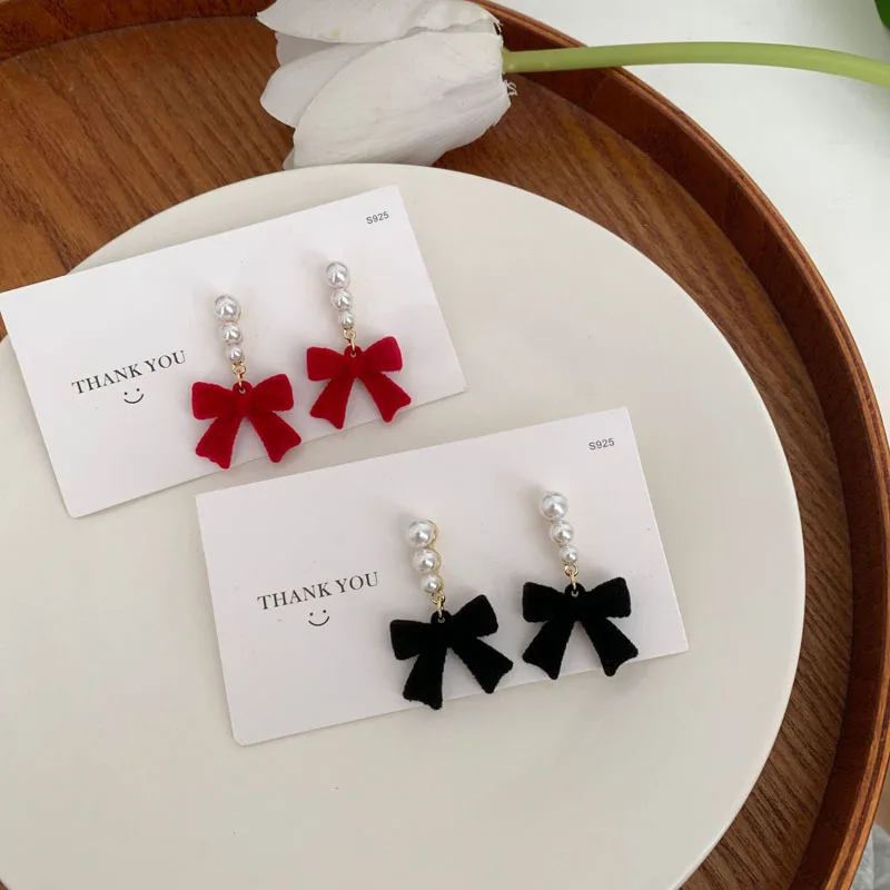 Sweet Bowknots Imitation Pearl Flocked Earrings for Women Girls Trendy Elegant Red Black Ear Accessories Jewelry earring Gift