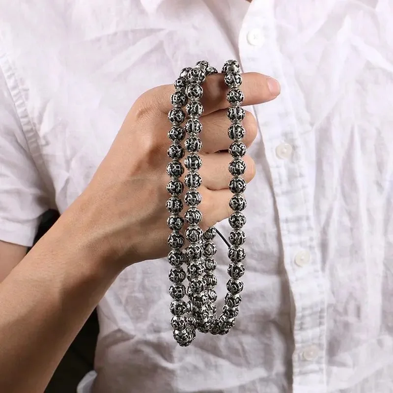 Six-Word Mantra 108 Buddhist Prayer Beads Men And Women Imitation Thai Silver Bracelet Necklace 3