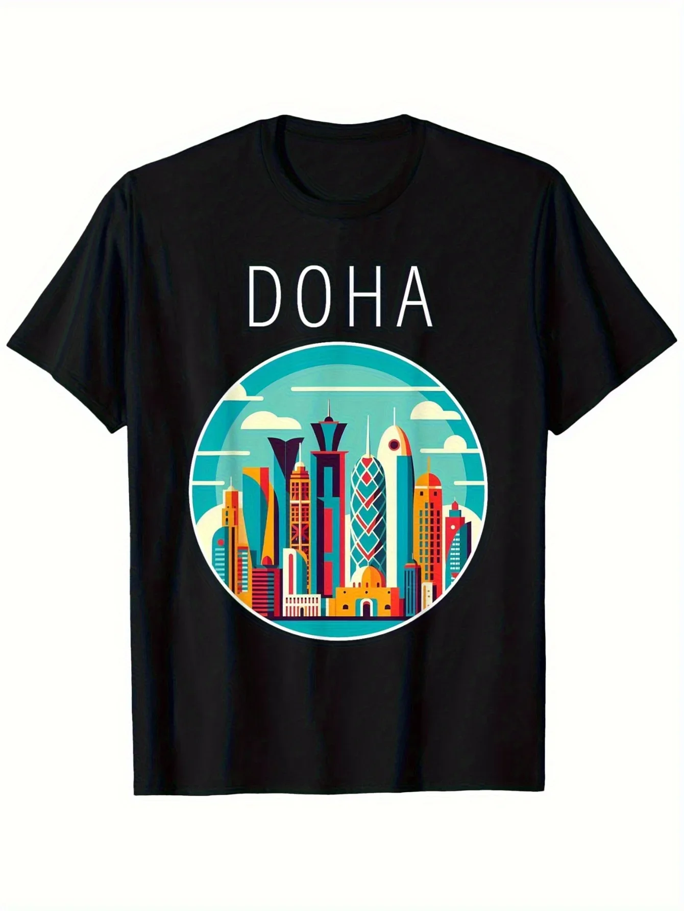 New Men's Doha Landmark T-Shirt - Short Sleeve Casual Round Neck Tee with Qatar Skyline, Machine Washable Comfortable Fit Suitab