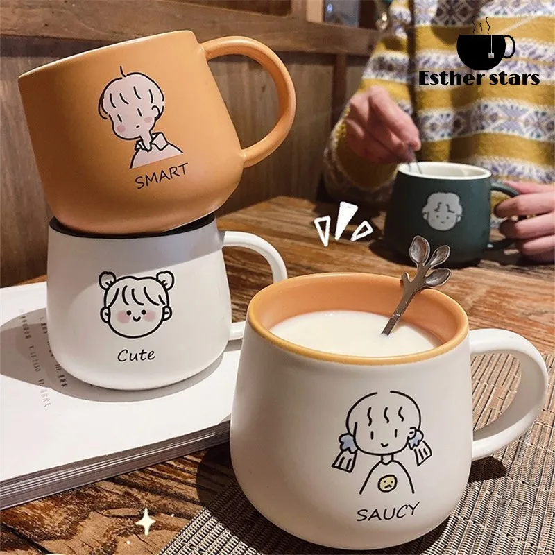 

Anime couple mugs simple creative Ceramic Mugs Household Couple Breakfast Milk Handle Drinkware With Spoon For Lover's Gifts