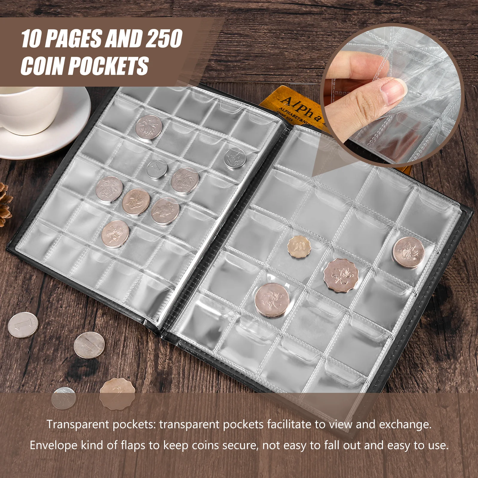 ألبوم مجموعة العملات المعدنية 10 صفحات 250 جيوب شفافة تصميم رفرف آمن كتاب تخزين الأموال المحمول للبالغين باللون البني #5