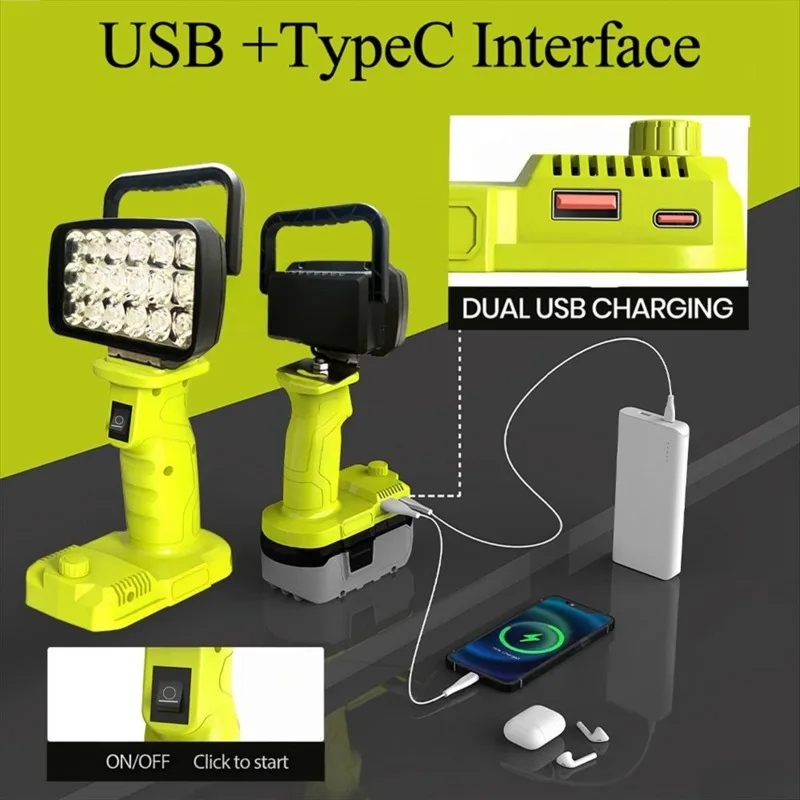Portable LED Work Light Construction Site Floodlight Suitable for Ryobi 18V Batteries Night-time Lighting for Outdoor Camping