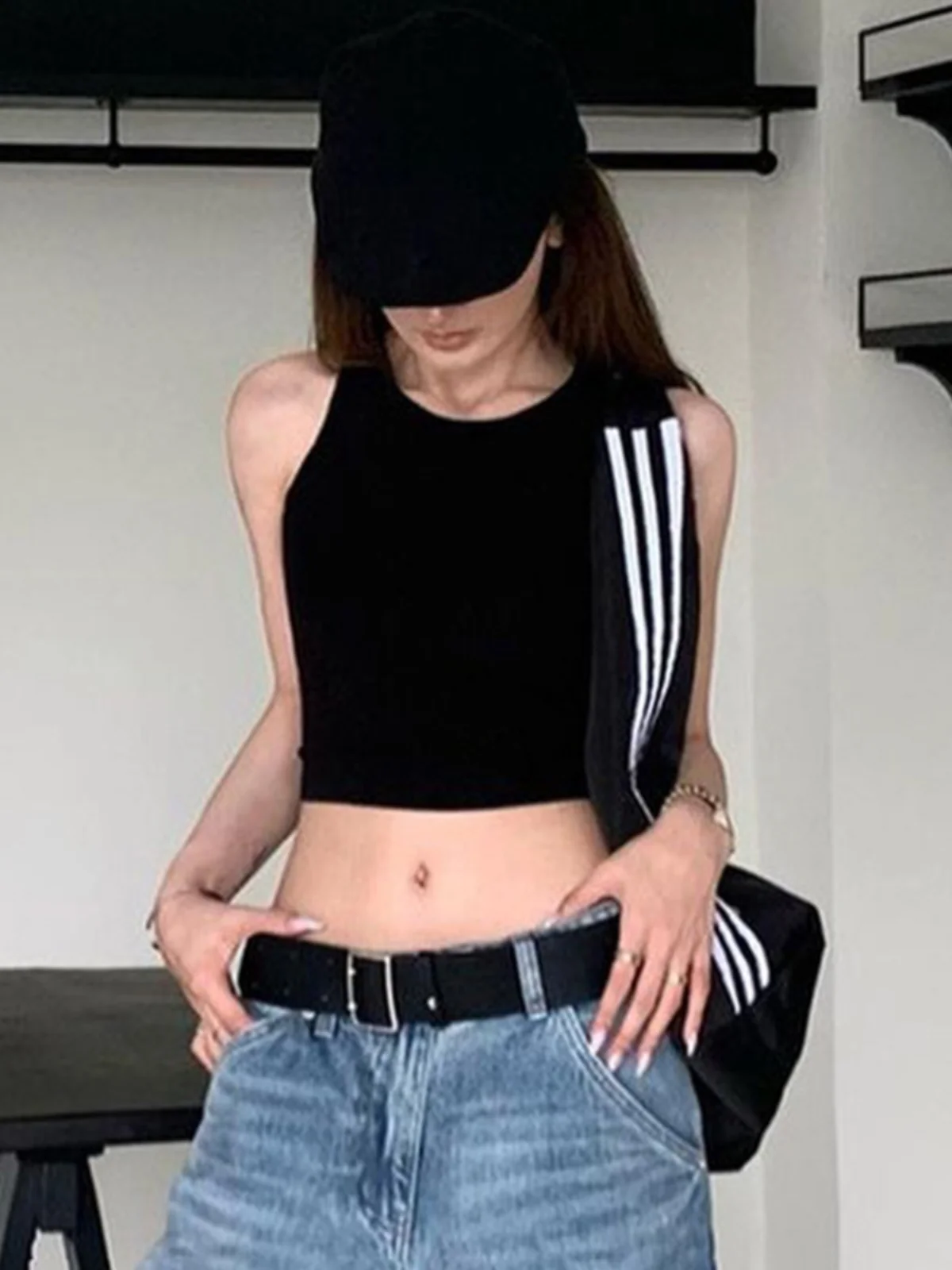 Canotta Bla Strapl da donna Summer Hot Girl No Sve Strap Bal ort Sle Street Faion Fibra di poliestere