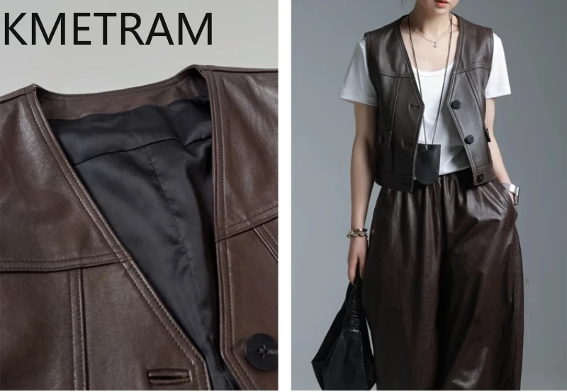 KMETRAM Chaleco de piel de oveja Natural, chaqueta de cuero informal a la moda para mujer, ropa de abrigo corta de otoño 2025, nouveaux prendas de vestir exteriores