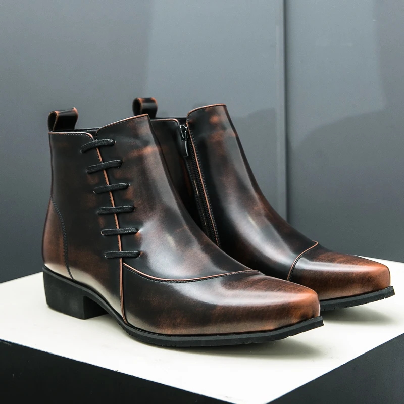 

Fashionable Men Chelsea Boots Black Yellow British Lace-up Business Office Brand Boots European American Social Boots Men