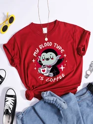 Vampire My Blood Type Is Coffee Print Tshirt Original Sport Tshirts Casual Loose Tshirt Niche Comfortable  Women Tshirt