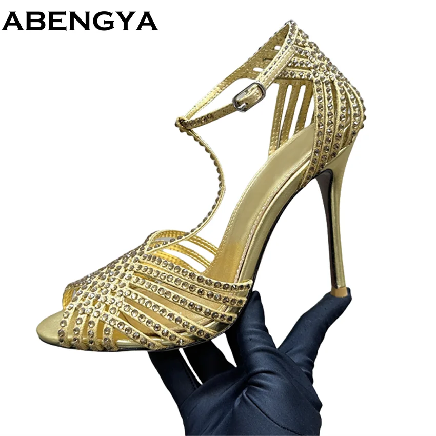 

Luxury Crystal Thin Heels Sandals Women Ankle Strap High Heel Party Shoes For Women Summer Peep Toe Women's Sandalias de Mujer
