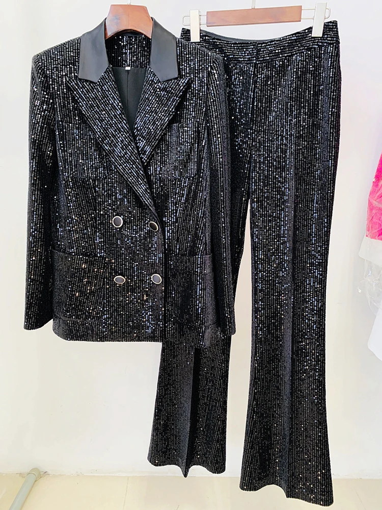 High Street 2024 neueste Designer Mode Runway Anzug Set Damen Slim Fit Glitter Pailletten Samt Blazer Flare Hosen Set 2 stücke