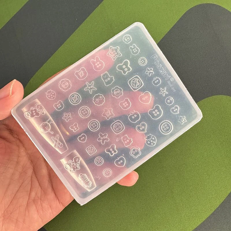 1 Stück Multi-Formen-Knöpfe Silikon-Nagelform Hasen Bär Schmetterling Stern Blume Umriss-Knopf Nagelformen DIY Harz-Charms Zubehör – Detail 9