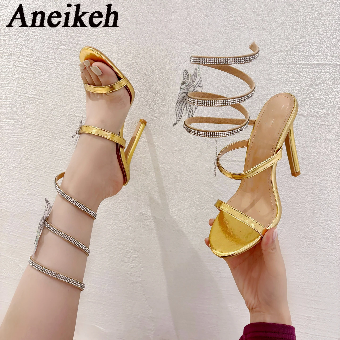 Aneikeh Summer Sexy Water Diamond Slim Heel Diamond Butterfly Fashion Sandals High Heels Women Slides Slip-On Party Pumps Shoes