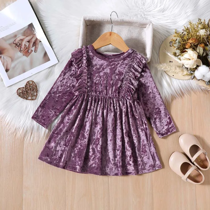 Baby Kid Solid Color Retro Flounce Long Sleeved Dress Coral velvet Girl Princess Child Birthday PARTY DRESS Autumn Winter 1-4T