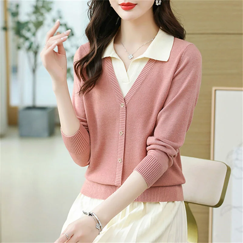 Pullover Sweater 2025Spring Autumn New Fashion Female Polo Collar Wool Sweater Loose Slim Knit Sweater Polo Shirt Fake Two Piece