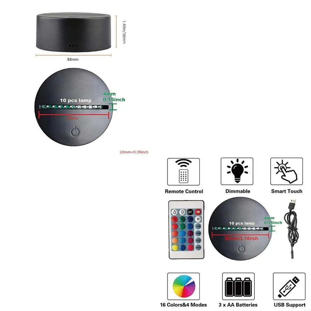 

4 Night LED Light Lamp Base Remote Control USB Cable Adjustable 7 Colors Lights