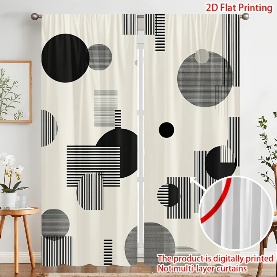 2PCS Digital Printed Curtains, Black White Composition Pattern, Stylish Window Treatment for Living Room Bedroom Decor