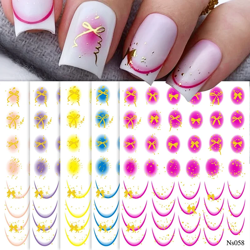 Gold Bowknot French Line 3D Nail Stickers Design Romance Fashion Blush Slider Nail Accessories Manicure Gradient Line Nail Decal