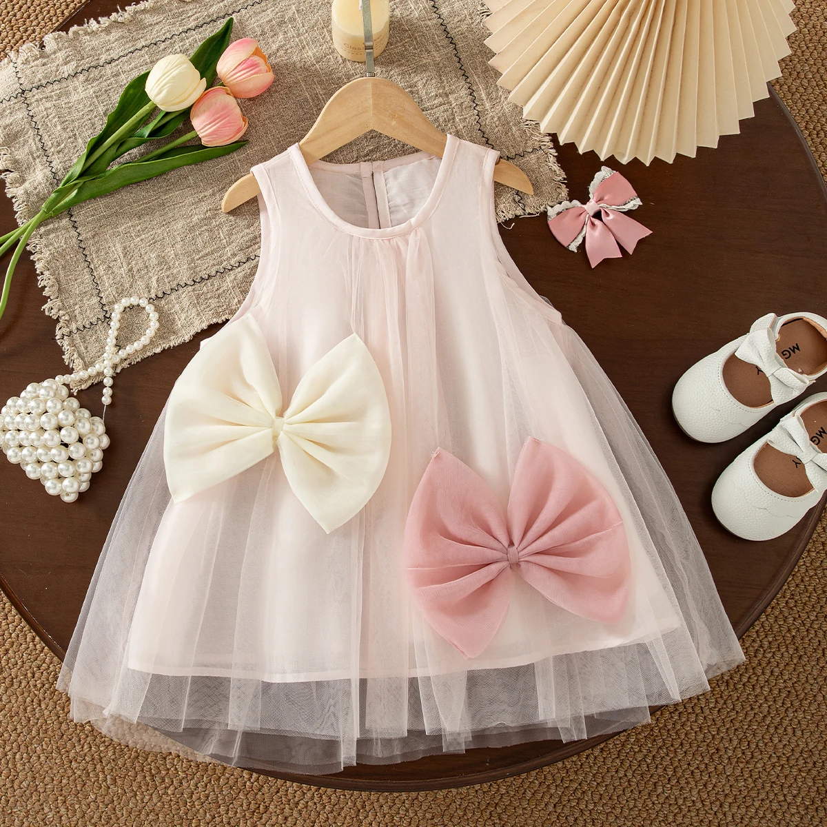 New Little Girl Princess Dress Sleeveless Sweet Bow Solid Color Tulle Party Dress Summer Dress for Birthday