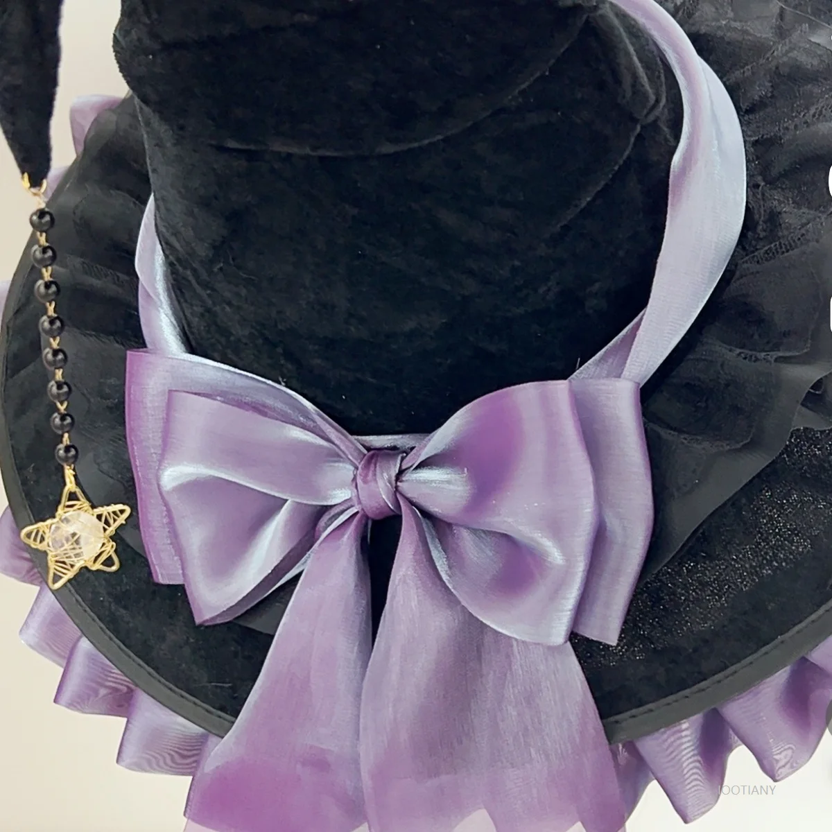 Halloween Party Witch Magic Hat Costume Girl Carnival Gothic Dark Lolita Cosplay Bow Black Crooked Ruffled Wizard Hat Accessory