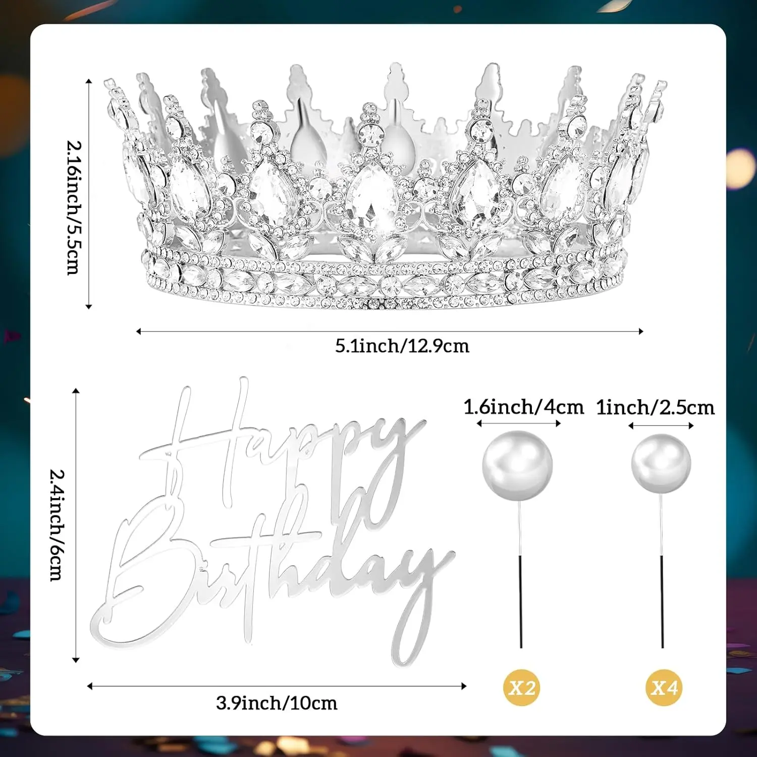 8 Pcs Silver Queen Crown Birthday Cake Topper for Women Rhinestone Crystal Tiara Wedding Happy Birthday Cake Decoration Foam