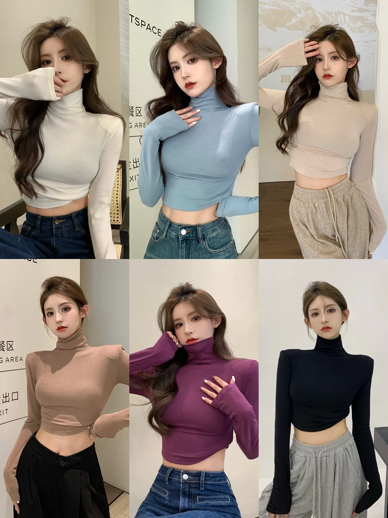 Winter Soft Slim-fit Polished Long-sleeved T-shirt Turtleneck Shoulder Padded Cropped Tops Y2k Streetwear