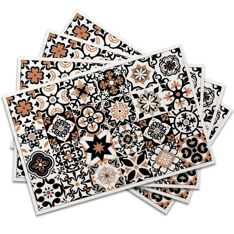 4Pcs, American-Style Vintage Floral Tile Placemats, Washable, Suitable for Holiday Parties, Home Decor, Kitchen Countertops, Rectangular Dining Tables, Making Your Dining Room and Kitchen More Beautiful, a Birthday Gift and Housewarming Party Gift for Family and Friends