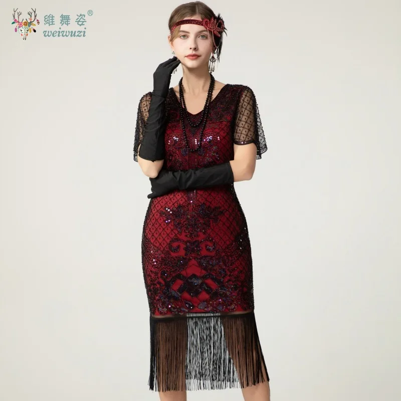 

1920s Vintage Women's Elegant Sequin Beaded Fringe Short Sleeve Dress Luxury Evening Party Rave Stage Perfermance Costume Slim