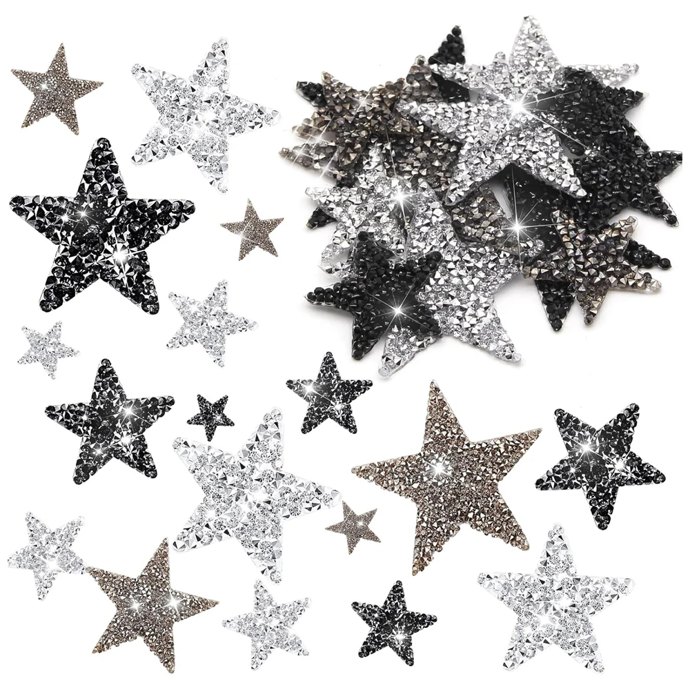 8PCS Iron on Adhesive Star Patches Iron on Star Glitter Rhinestone Shiny Patche Appliques for Bag Pant Clothing Repair Decor