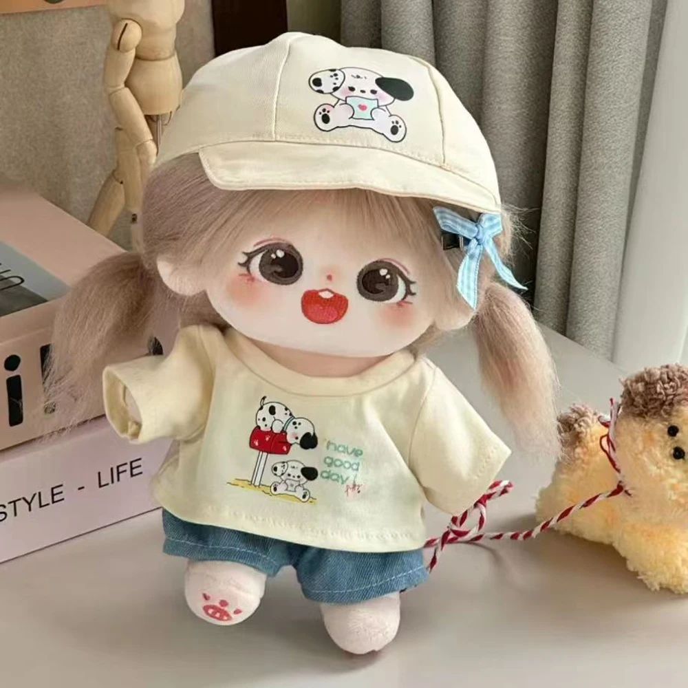 

1 set Cartoon Dog 20cm Cotton Doll Clothes Denim Shorts Outfit Cotton Doll's Clothes Fashion T-shirt Plush Doll Clothes