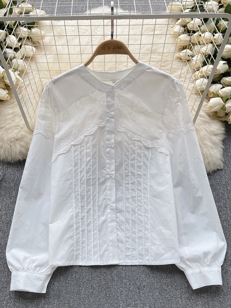 Stylish Women\'s O-neck lace shirt Loose White Summer Long sleeve Cutwork embroidery blouse Basic tops 2023 Lady Chic INKEO 3T159