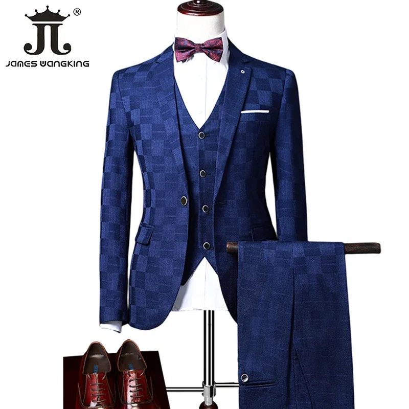 ( Jacket+Vest+Pants ) Boutique Fashion Plaid Men's Casual Business Office Suit Three Piece Set Groom's Wedding Dress Slim Suits