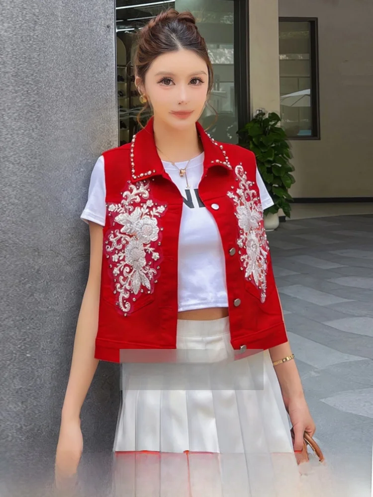 

Elegant Embellished Denim Vest Jacket Breathable Short Style Commute Fashion Women's Premium Quality Tag Removed Outerwear
