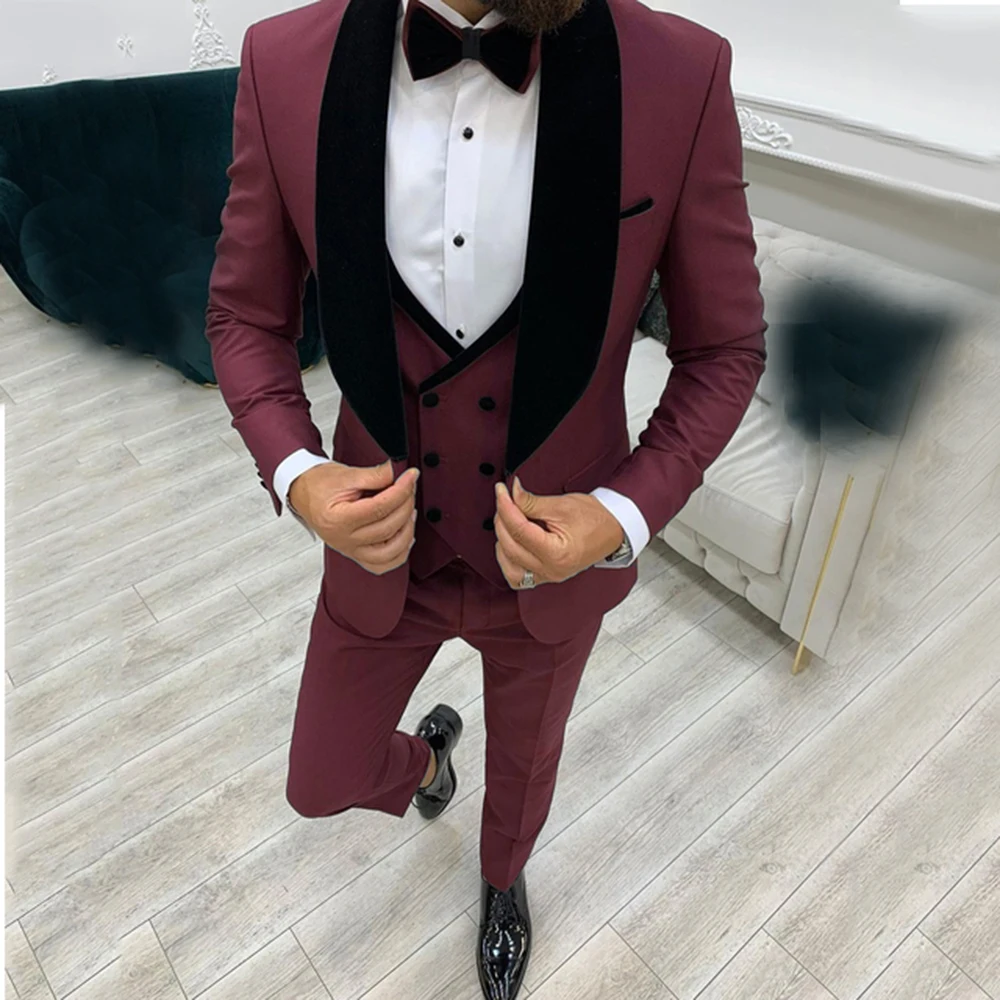 2022 Fashion Business Men Suit 3 Pieces Male Dress Custom Groom Wedding Suit Tuxedo Black Velvet Lapel Blazer Vest Pants