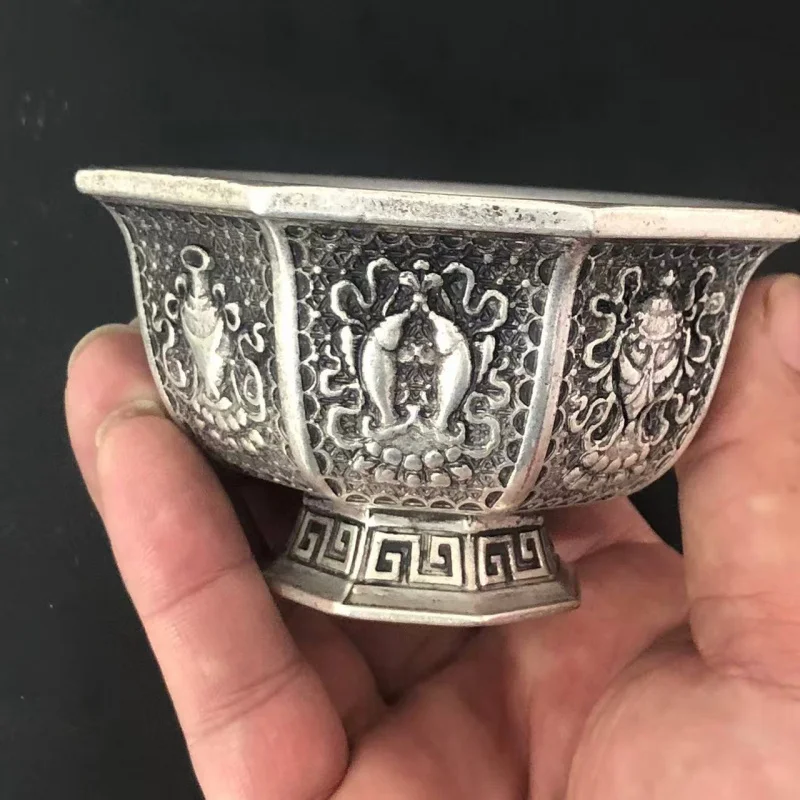 White copper silver-plated octagonal , eight-treasure , decorative piece for Buddhist shrines, offering bowl, copperware