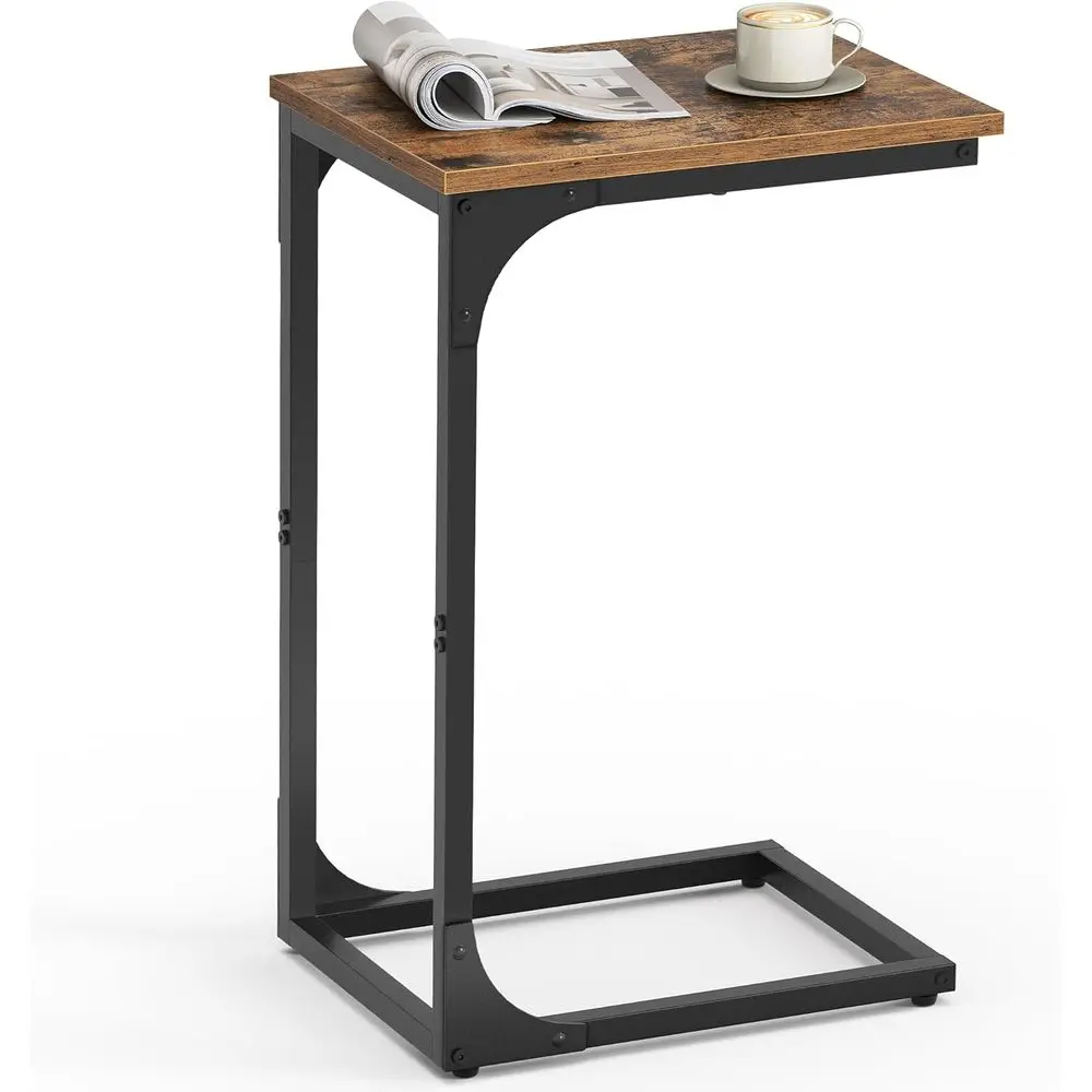 

Приставной столик C-образной формы, маленький приставной столик или столик для дивана, столик Soa с металлическими элементами для гостиной, спальни, прикроватный столик, в деревенском стиле, коричневый и черный